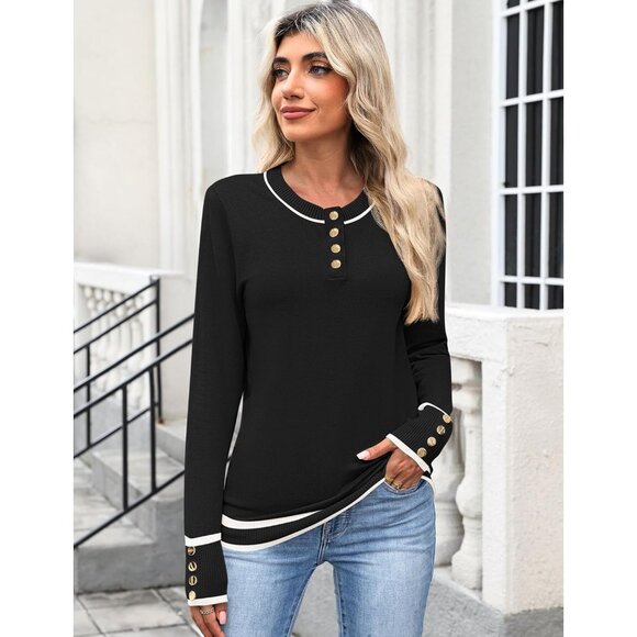 Women's Knit Sweater Long Sleeve Crew Neck Button Closure Casual Tops - Picture 3 of 5